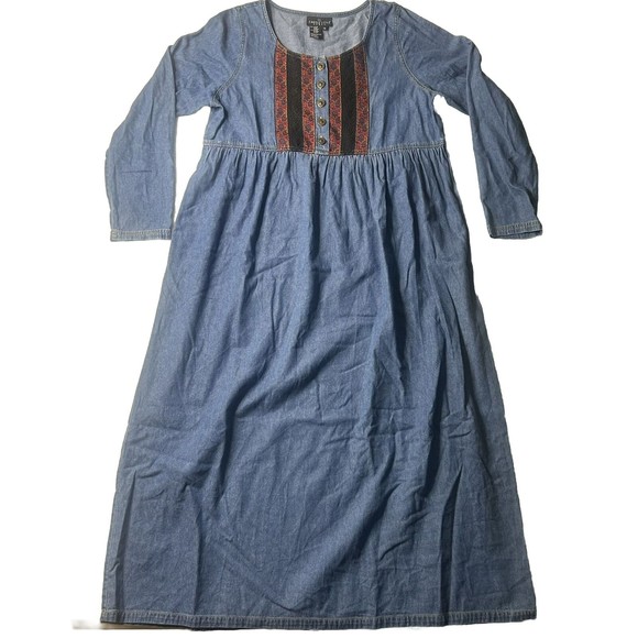 Carole Little Sport Dress 16 Blue Denim Modest Mom Amish Maxi Embellished - Picture 1 of 13